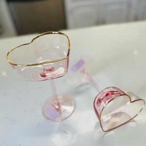 Set of 2 Heart-Shaped Pink Glasses with Gold Rim martini/margarita
